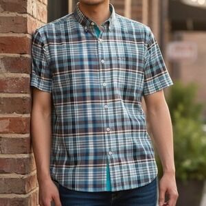 Tommy Bahama Mens XL‎ Button Down Shirt Blue Plaid Short Sleeve Classic Luxury